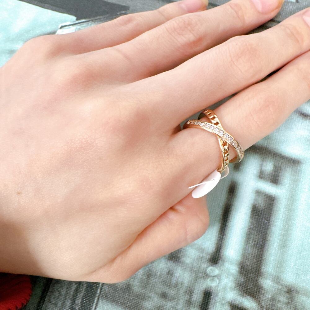 Gold Tone CZ Crisscross Chain Link Ring Open Stackable Band